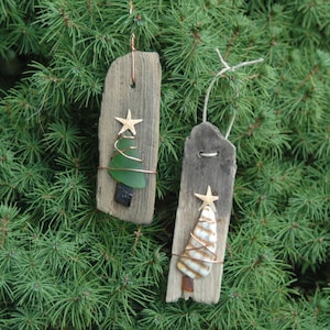 Driftwood Sea Glass  and Shell Christmas Tree Handmade Ornaments -Set of 2, Handmade ornaments, Beach ornaments, Coastal Christmas