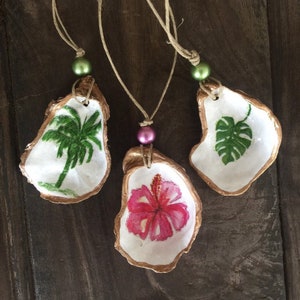 Oyster Shell ornaments, Palm Tree, Hibiscus, Beachy Christmas, Coastal Decor, Personalized, Decoupaged Shells, Gold leaf, Tropical, Monstera