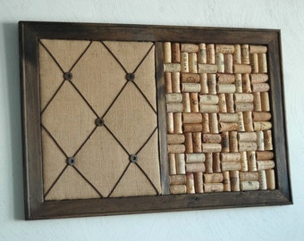Burlap French Memo Board & Wine Corkboard: Rustic Kitchen Organizer