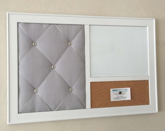 Quadro de avisos francês em linho cinza: organizador de parede com moldura em cortiça e quadro branco.