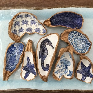 Oyster Shell Ring Dish, Crustaceancore, Gilded gold shell, Decoupage, Beach Décor, Trinket dish, Seahorse, Starfish, Crab, Jellyfish, Blue