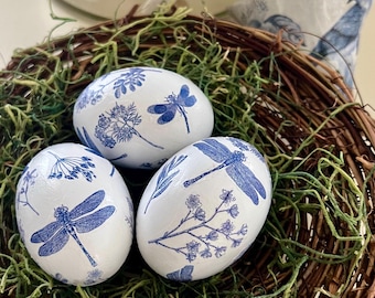 Blue & White Toile Chinoiserie Decoupaged Easter Eggs with dragonflies or shells