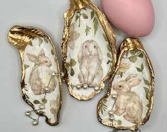 Woodland Rabbit Oyster Shell. Ring Dish, Gilded Decoupage Jewelry Holder, Spring Décor, bunny, trinket dish, Mothers Day gift, Cottagecore