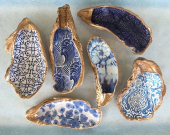 Plato para anillos de concha de ostra dorada: decoración de playa costera, soporte para joyas con decoupage