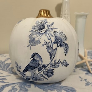 Blue & White Floral and Bird Design Chinoiserie Pumpkin: Autumn Decor Thanksgiving Centerpiece