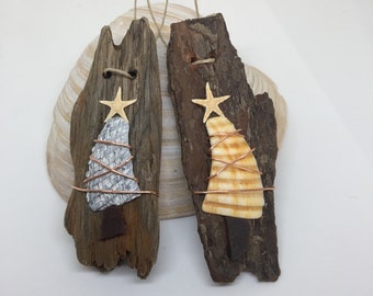Driftwood Ornaments, Shell & Starfish Christmas Ornaments -set of 2, Handmade Ornaments, Beach Decor, Coastal Christmas, Rustic ornaments