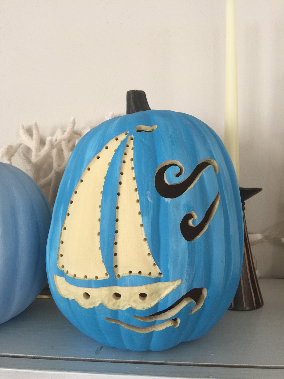 Beach Pumpkin Painted Pumpkin Blue Pumpkin Sailboat Carved | Etsy
