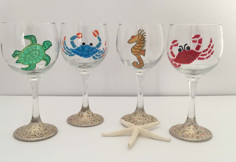 Hand Painted Beach Wine Glasses with Seashells Sand dollar Etsy