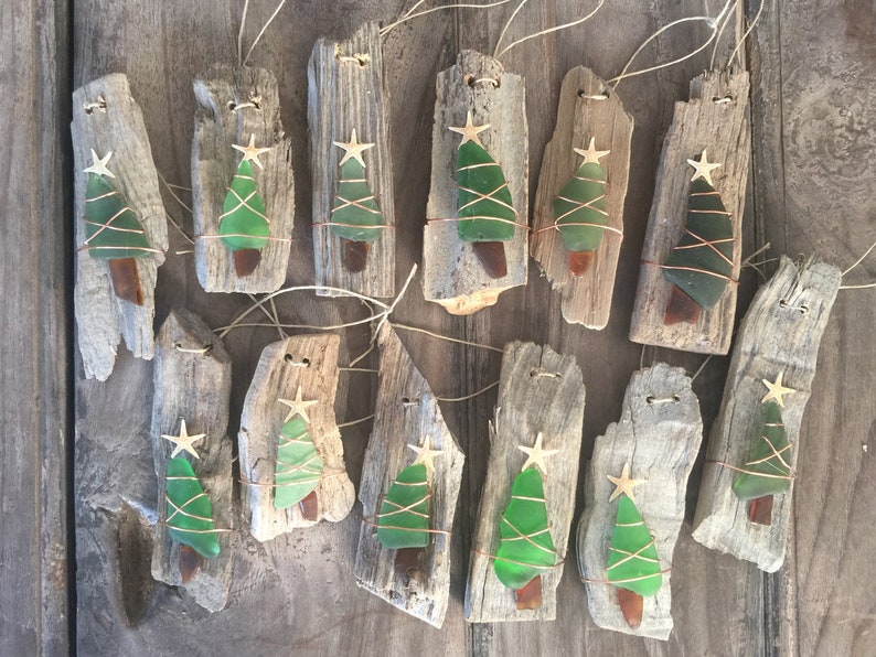 Driftwood Ornament, Sea Glass Ornament, Christmas Tree, Handmade Ornaments Set of 2, Beach decor, Coastal Christmas, Rustic ornament image 7