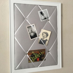 Framed Gray Linen French Memo Board, Memory Board, Photo Board Organizer, Modern Decor, Grey Fabric Ribbon Board, Vision Board, Memory Board