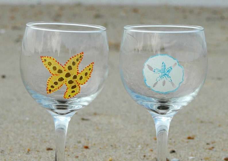 Hand Painted Beach Wine Glasses with Seashells Sand dollar Etsy