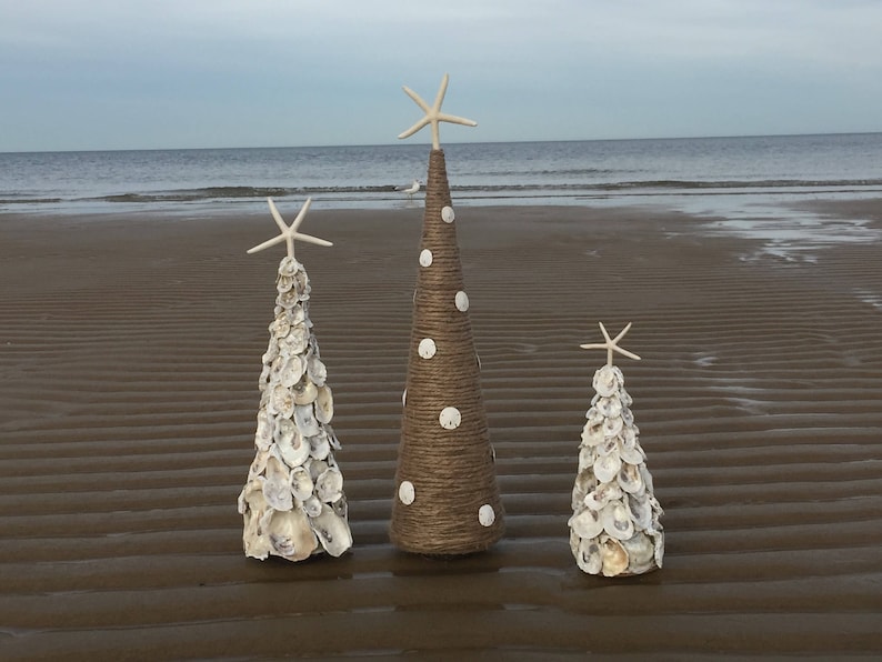 Jute Rope & Sand dollar Cone Tree, Coastal Christmas Decor, Cone Christmas tree, Nautical Decor, table centerpiece, Holiday Decor, Beach image 1