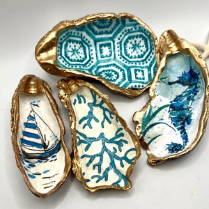 Oyster Shell Ring Dish, Gilded seashell, Decoupage Jewelry Holder, Coastal Beach Décor, Teal and Gold, Trinket dish, Coral, birthday gift