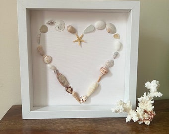 Open heart shell in a White Shadow Box Frame, Coastal Decor, Heart Mosaic, Seashell wall art, Mother's day gift, pink, beach wedding