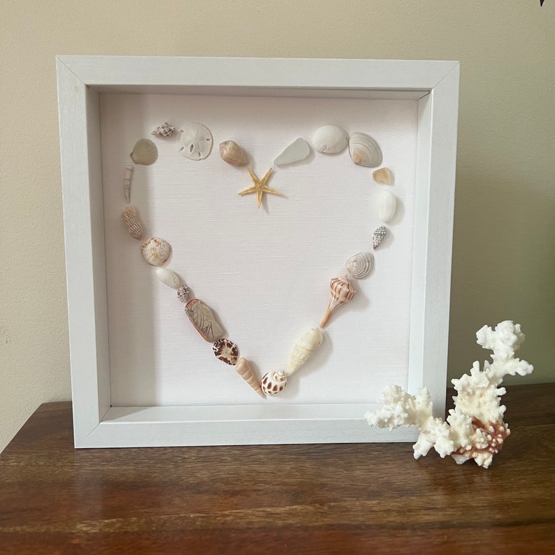 Open heart shell in a White Shadow Box Frame, Coastal Decor, Heart Mosaic, Seashell wall art, Mother's day gift, pink, beach wedding image 1