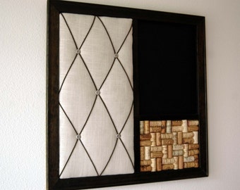 Classic Memo Board: Ecru Linen, Chalkboard & Wine Corkboard Wall Organizer