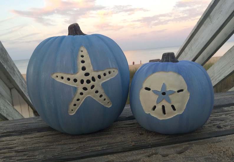 Beach Decor Pumpkins Carved Faux Pumpkin Coastal Painted Etsy