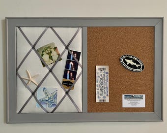 Quadro de Avisos emoldurado: Quadro de recados francês em tecido e fita com organizador de parede em cortiça.