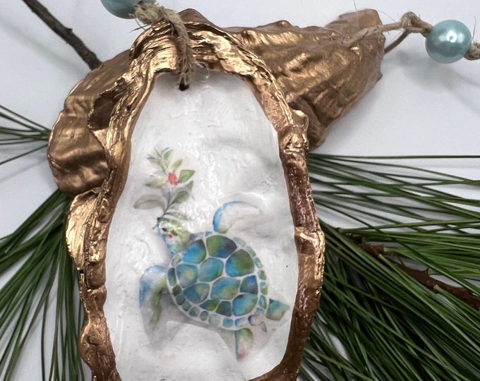 Sea turtle Oyster Shell ornament, Beach décor, Coastal Christmas, Decoupaged SeaShell, gold leaf, personalized gift, Crustaceancore, hostess