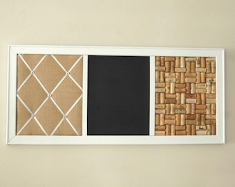 Burlap French Memo Board, Chalkboard & Wine Corkboard: Large Kitchen Wall Organizer