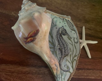 Decoupaged  Whelk Shell with seahorse & fish and coral, coastal beach decor, unique gift for Mom, Beach house, Silver leaf, Under the Sea