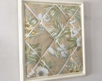 Tropical Decor French Memo Board in an Antique White Shabby Chic Frame, Fabric & Ribbon memo board, Framed Memory Board, Beach decor