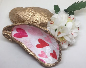 Oyster Shell Trinket Dish, Valentine's Day, Gilded seashell, Decoupage Jewelry Holder, Ring Bearer, Trinket dish, Gifts for Girlfriend, wife
