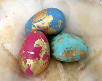 Gold Leaf Easter Eggs, Decorative Gilded egg in nest,  Metal leaf, Metallic, Elegant, Spring Décor, Gift, Centerpiece, Set, Robin egg blue,