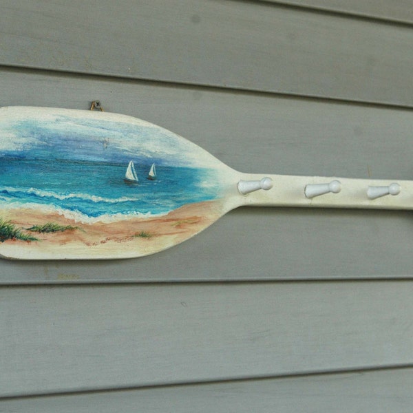 Painted Seascape on a Wooden Oar, Painted Paddle, Towel Rack, Towel Hanger, Coastal Decor, Nautical Decor, Painted Oar, Beach Painting