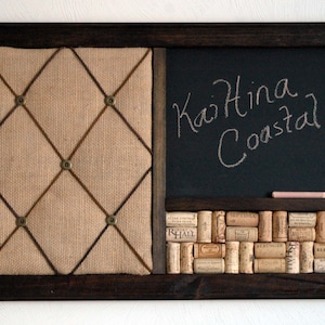Burlap French Memo Board, Wine Corkboard & Chalkboard Kitchen Wall Organizer, Modern Farmhouse Decor, Bulletin Board, Rustic Decor, Entryway