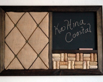 Burlap French Memo Board: Wine Corkboard & Chalkboard Kitchen Organizer