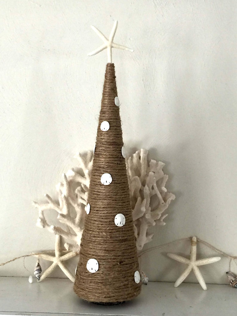 Jute Rope & Sand dollar Cone Tree, Coastal Christmas Decor, Cone Christmas tree, Nautical Decor, table centerpiece, Holiday Decor, Beach image 3