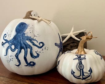 Nautical Decoupage Pumpkin, Octopus, Starfish, Beach Fall Decor