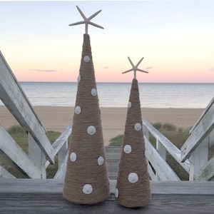 Jute Rope & Sand dollar Cone Tree, Coastal Christmas Decor, Cone Christmas tree, Nautical Decor, table centerpiece, Holiday Decor, Beach image 2