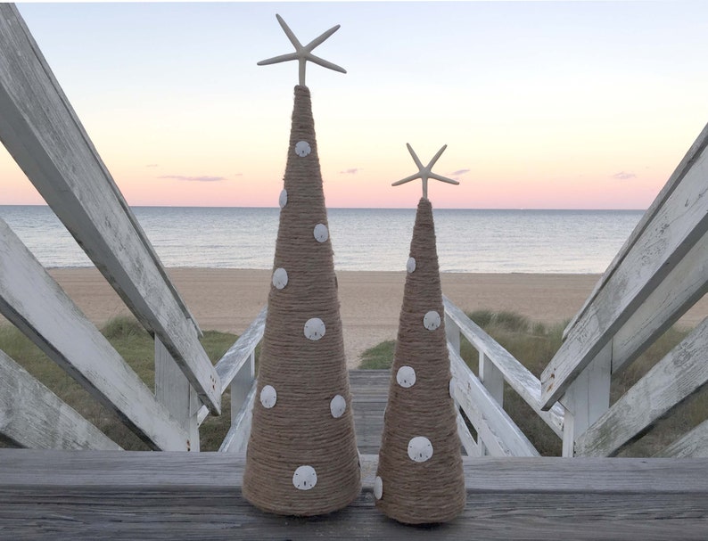 Jute Rope & Sand dollar Cone Tree, Coastal Christmas Decor, Cone Christmas tree, Nautical Decor, table centerpiece, Holiday Decor, Beach image 2