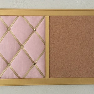 Framed bulletin board, Fabric & Ribbon French memo board, Office Decor, Wall organizer, Cubicle Decor, Cork board , Dorm Decor blush & gold