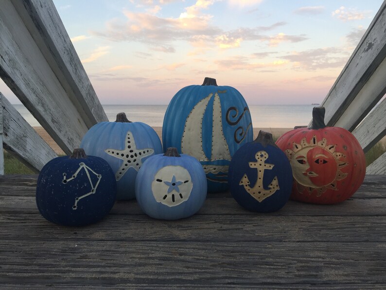 Beach Decor Pumpkins Carved Foam Pumpkin Coastal Painted Etsy