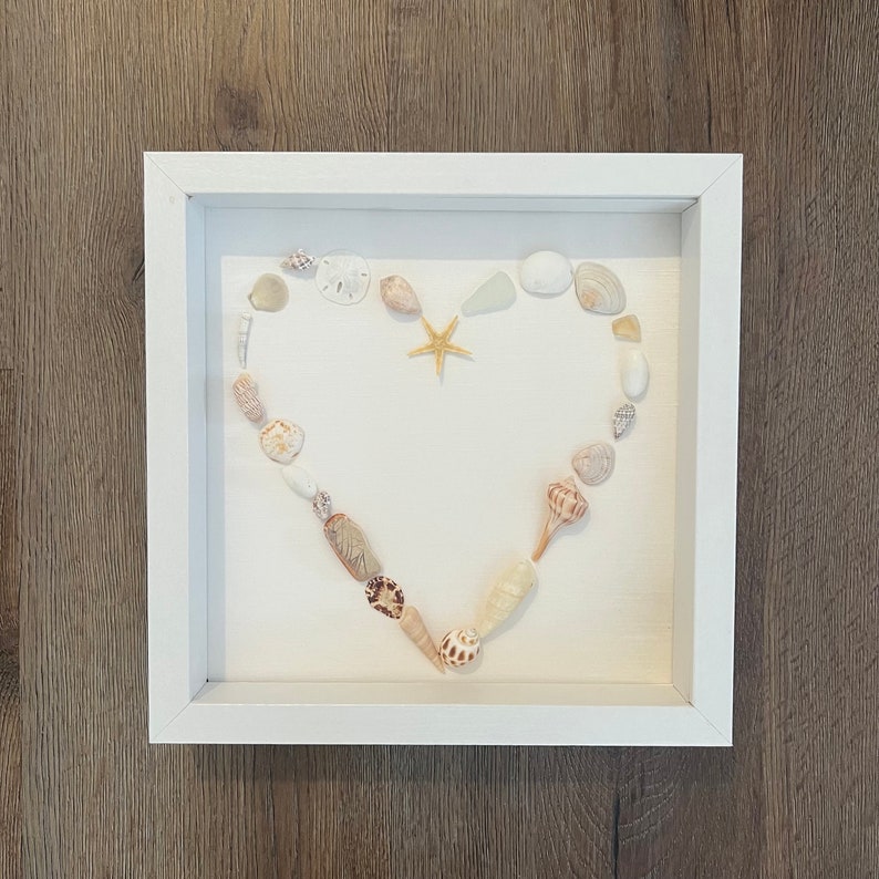 Open heart shell in a White Shadow Box Frame, Coastal Decor, Heart Mosaic, Seashell wall art, Mother's day gift, pink, beach wedding image 6