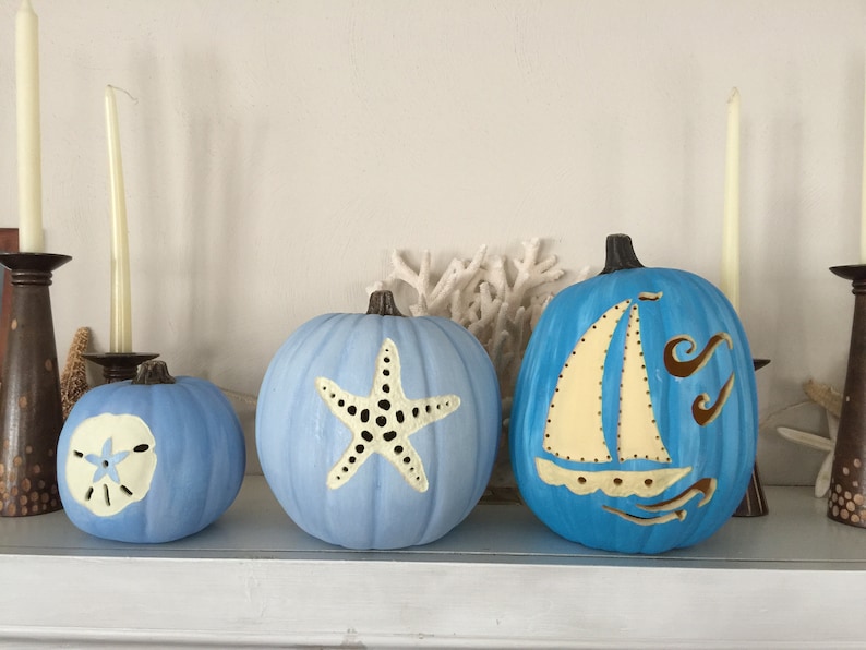Beach Decor Pumpkins Carved Faux Pumpkin Coastal Painted Etsy