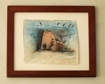 Original art, Mixed Media, Pastel Drawing,  Bandagara Cliff Dwelling Village,  African art, Handmade Paper, Mali landscape