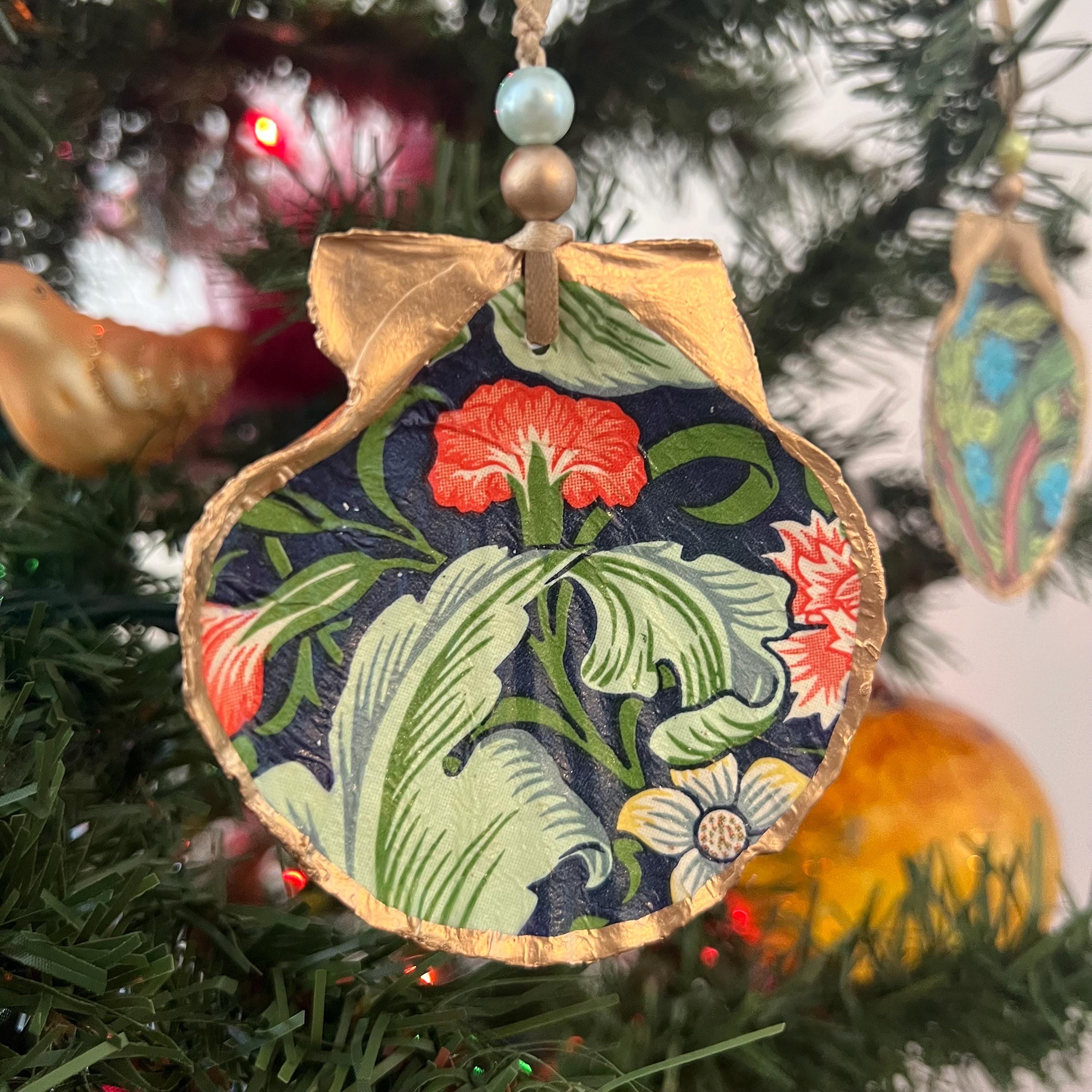 Gold Gilded Dark Floral Scallop Shell Christmas Ornament, William
