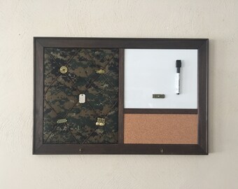 Camouflage French Memo Board, Corkboard & Magnetic Whiteboard Wall Organizer with Key Hooks, Military, Army, Office Decor, Cubicle Decor,