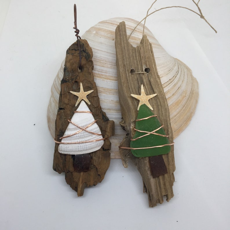 Driftwood Ornament, Sea Glass Ornament, Christmas Tree, Handmade Ornaments Set of 2, Beach decor, Coastal Christmas, Rustic ornament image 8