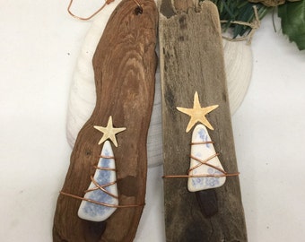 Driftwood Ornaments, Sea Pottery Ornaments, Christmas Tree, Handmade Ornaments, Set of 2, Beach décor, Coastal Christmas, starfish