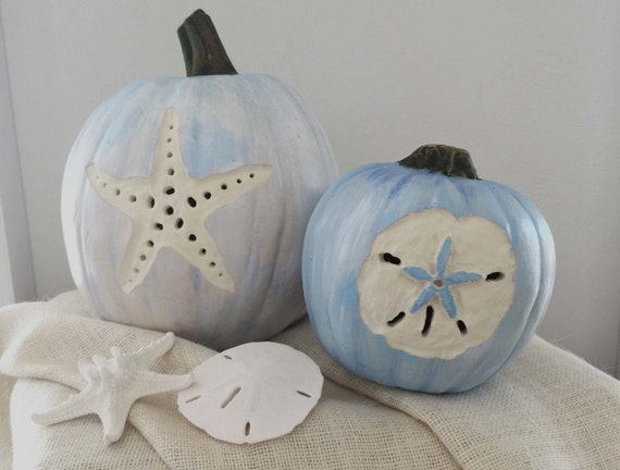 Beach Decor Pumpkins, Carved Faux Pumpkin, Coastal Painted