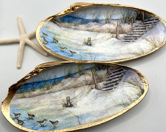 Clam Shell Ring Dish with beach dunes & sandpipers, Gilded gold seashell, Decoupage Jewelry Holder, Coastal Décor, Trinket dish, unique gift