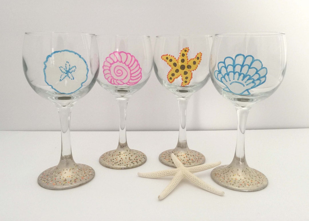 Hand Painted Beach Wine Glasses With Seashells Sand Dollar Etsy