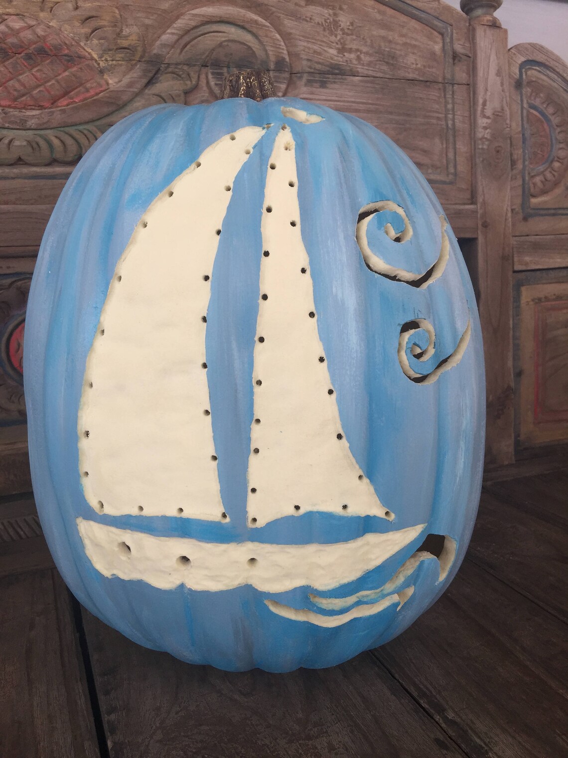 Beach Pumpkin Painted Pumpkin Blue Pumpkin Sailboat Carved | Etsy