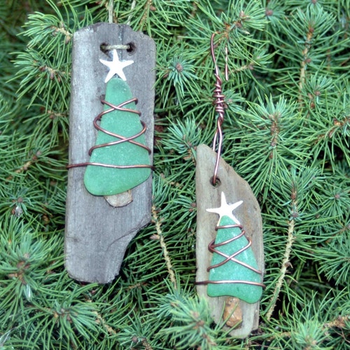 sea glass/ tree decoration/ driftwood tree /vintage christmas tree baubles 