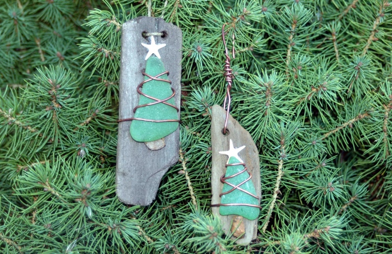 Driftwood Ornament, Sea Glass Ornament, Christmas Tree, Handmade Ornaments Set of 2, Beach decor, Coastal Christmas, Rustic ornament image 1